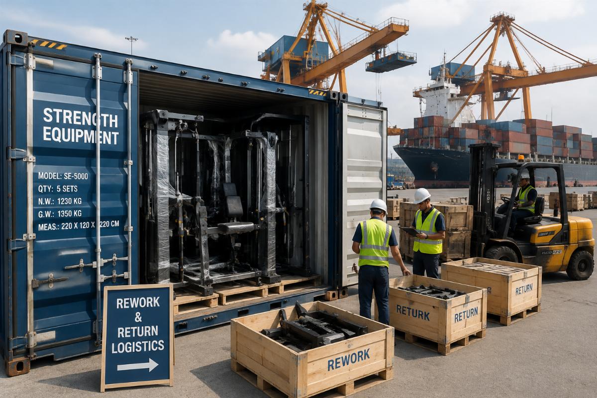 Container of strength equipment at port with rework and return logistics visible