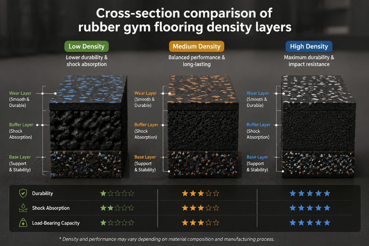 Cross-section comparison of rubber gym flooring density layers