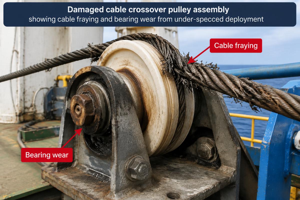 Damaged cable crossover pulley assembly showing cable fraying and bearing wear from under-specced deployment