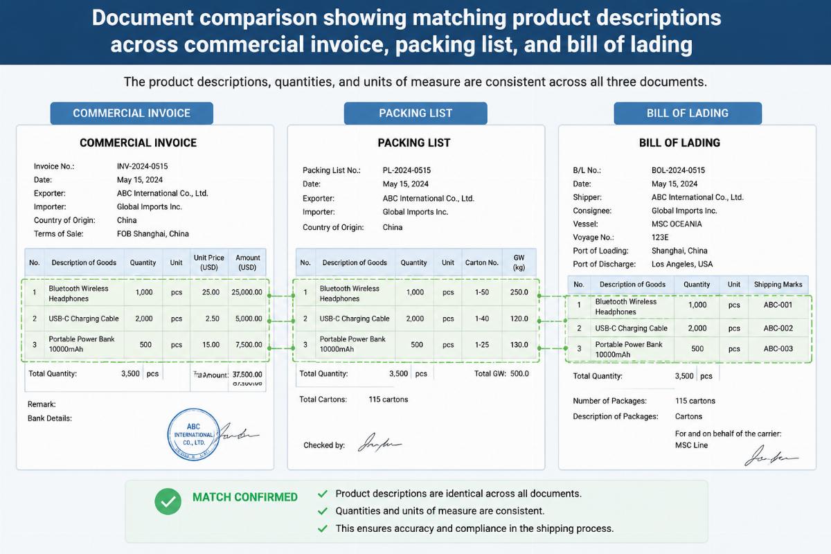 Document comparison showing matching product descriptions across commercial invoice, packing list, and bill of lading