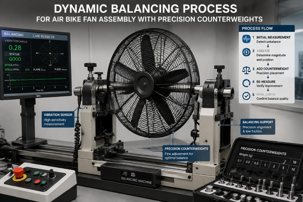 Dynamic balancing process for air bike fan assembly on balancing rig with precision counterweights