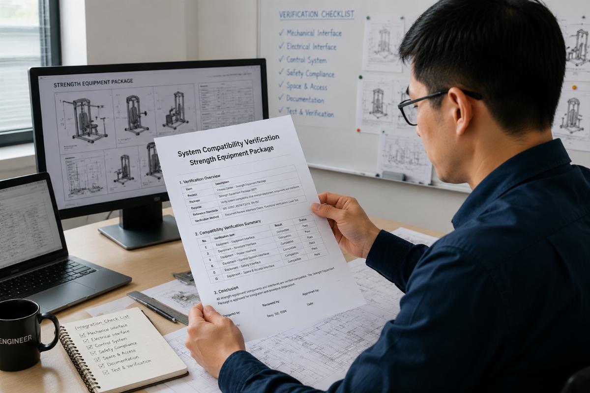 Engineer reviewing system compatibility verification document for strength equipment package