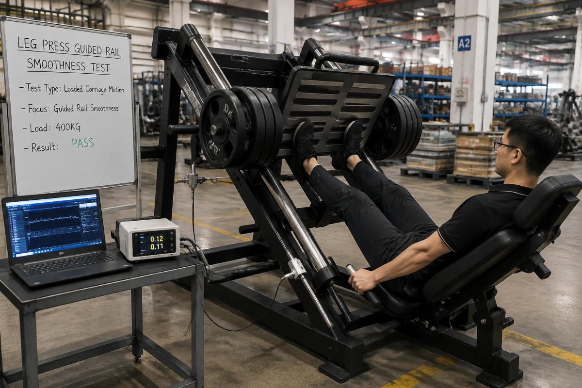 Factory floor showing a loaded leg press guided rail smoothness test with weighted carriage in motion