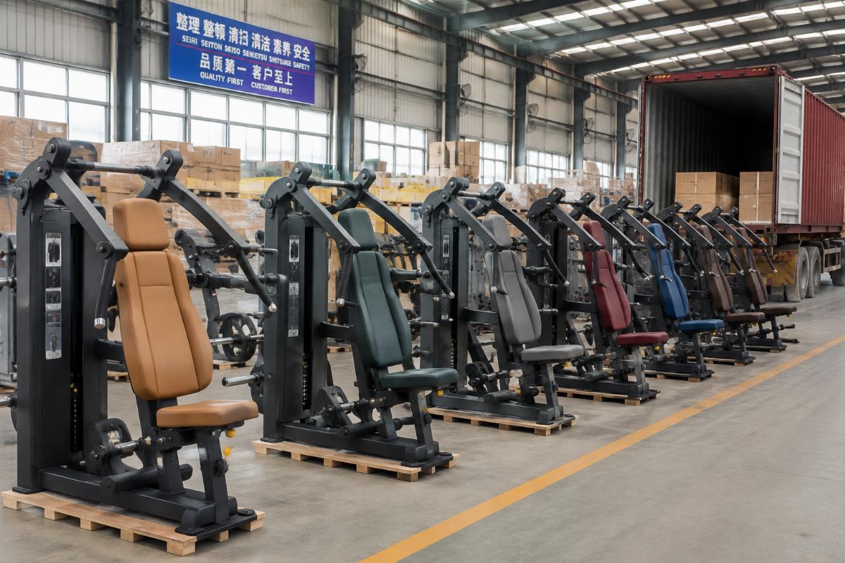 Factory floor showing commercial shoulder press machines in various custom upholstery colors prepared for bulk shipment