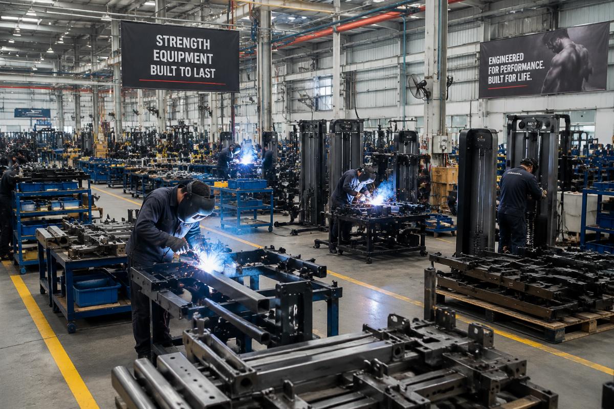 Factory floor showing commercial strength equipment manufacturing with welding stations