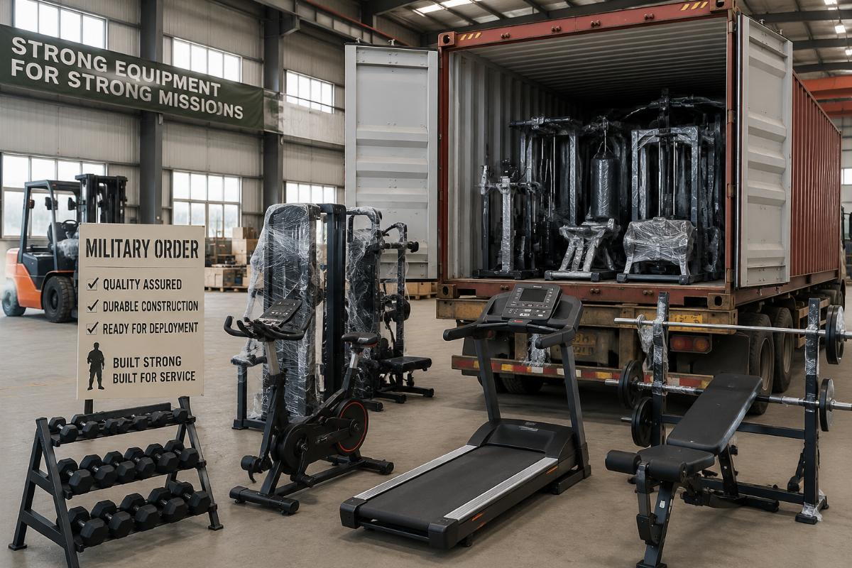 Factory floor showing mixed fitness equipment loaded into shipping container for military order