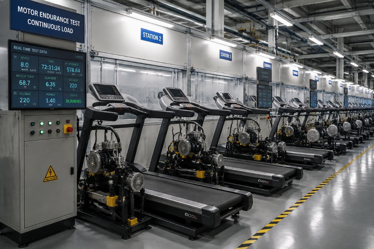 Factory motor testing bay with treadmills running continuous-load endurance tests