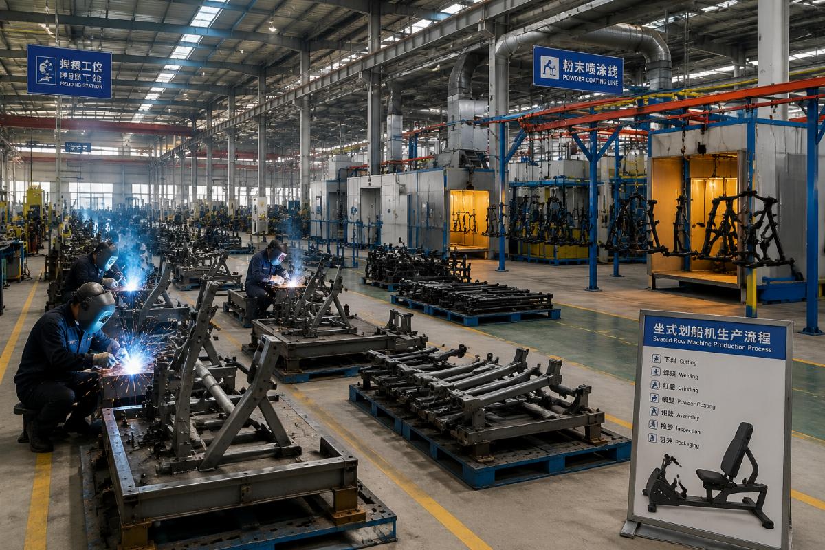 Factory production floor showing welding stations and powder coating line for seated row machines