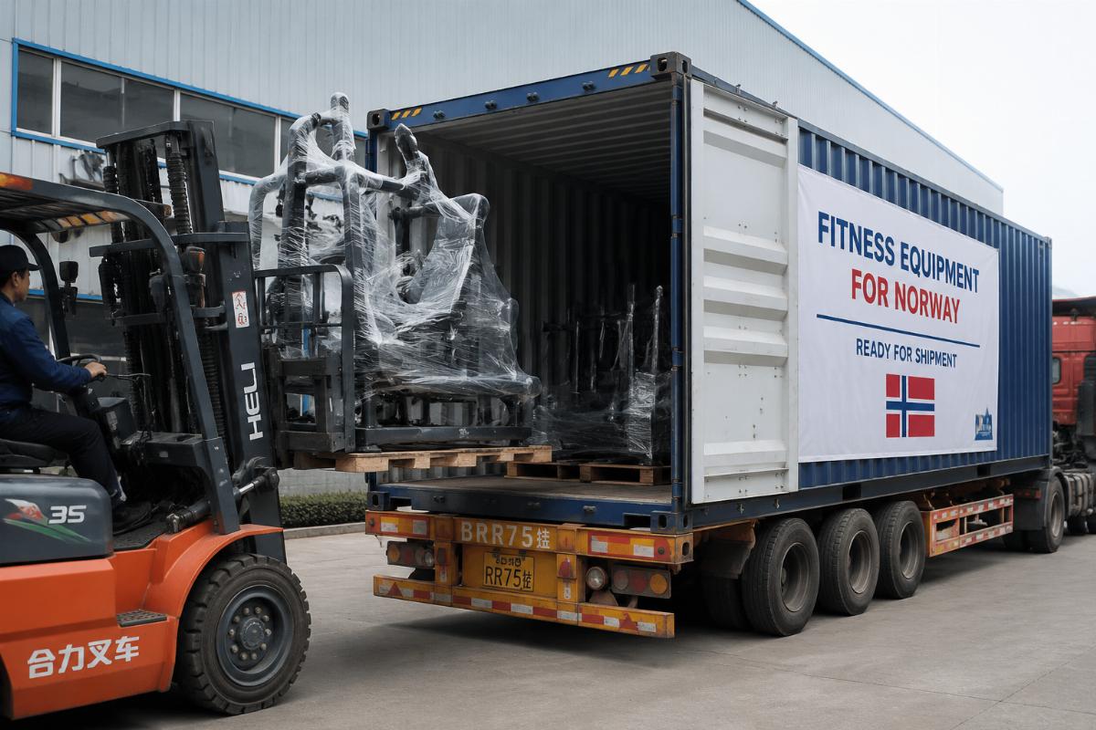 Fitness equipment container being loaded with fully assembled machines for Norway shipment