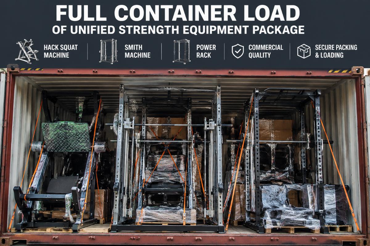 Full container load of unified strength equipment package including hack squat machine Smith machine and power rack