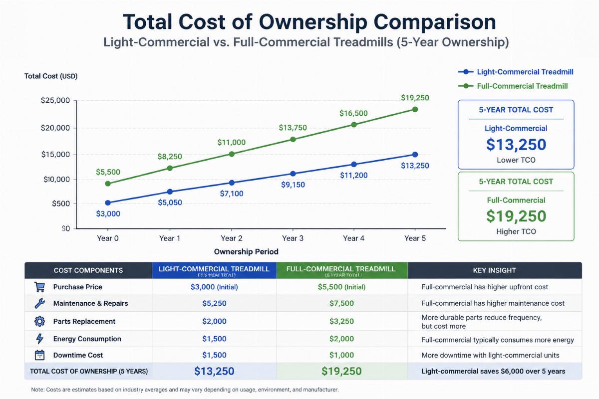 Graph showing total cost of ownership comparison between light-commercial and full-commercial treadmills