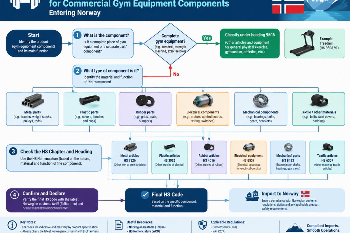 HS code classification flowchart for commercial gym equipment components entering Norway