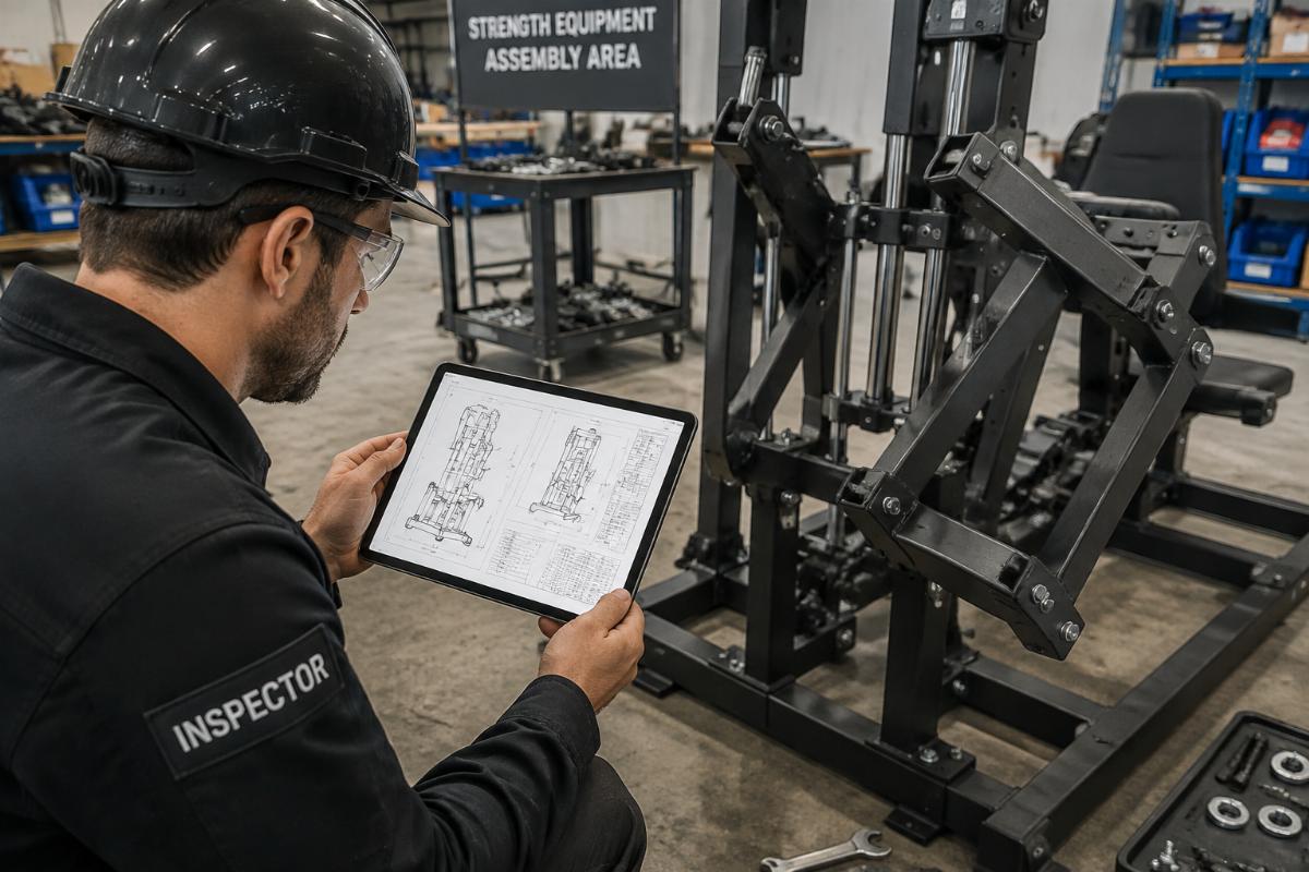 Inspector reviewing CAD drawings on a tablet next to a partially assembled strength machine