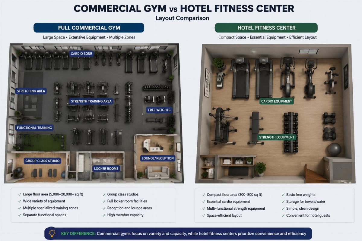 Layout comparison showing full commercial gym floor plan versus compact hotel fitness center equipment arrangement