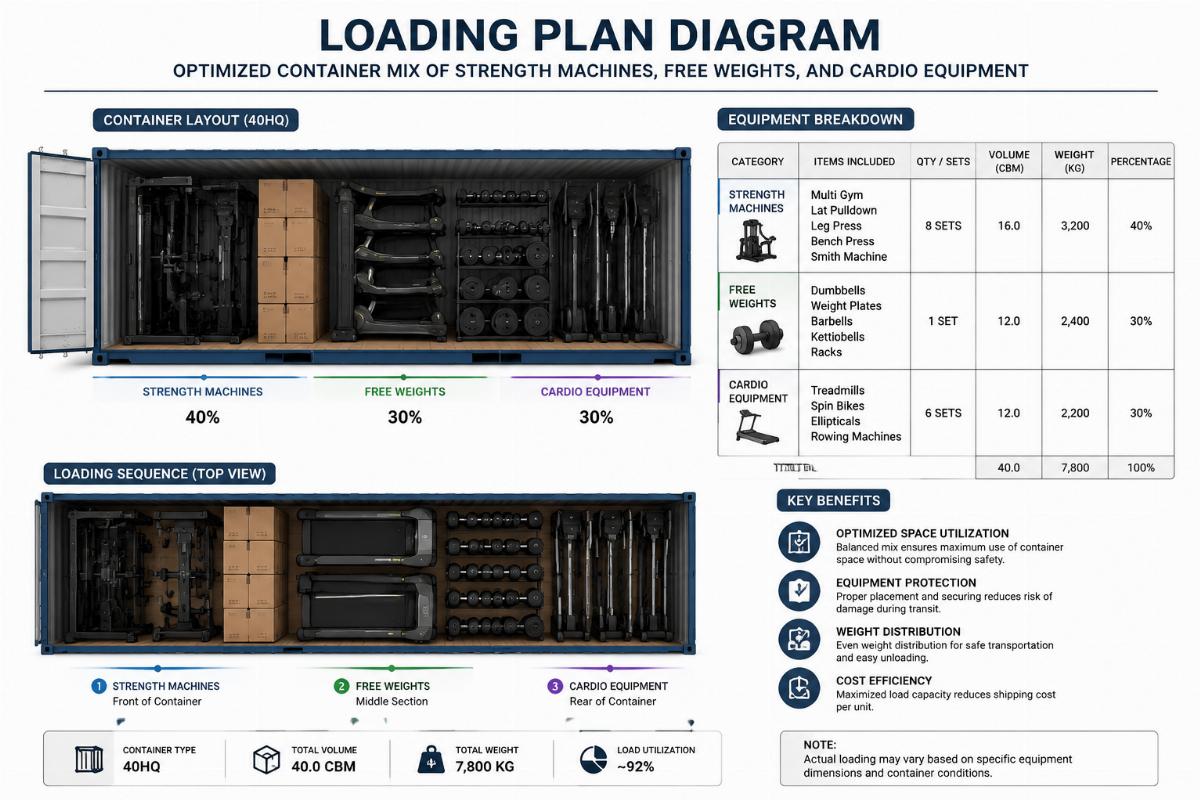Loading plan diagram showing optimized container mix of strength machines, free weights, and cardio equipment