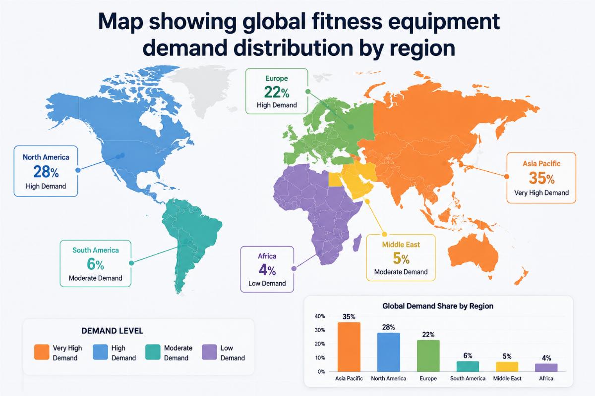 Map showing global fitness equipment demand distribution by region
