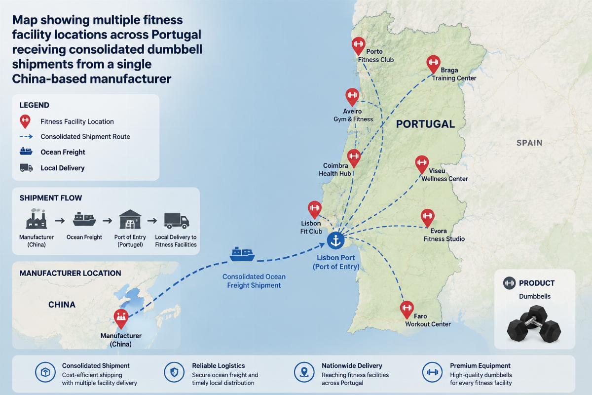 Map showing multiple fitness facility locations across Portugal receiving consolidated dumbbell shipments from a single China-based manufacturer