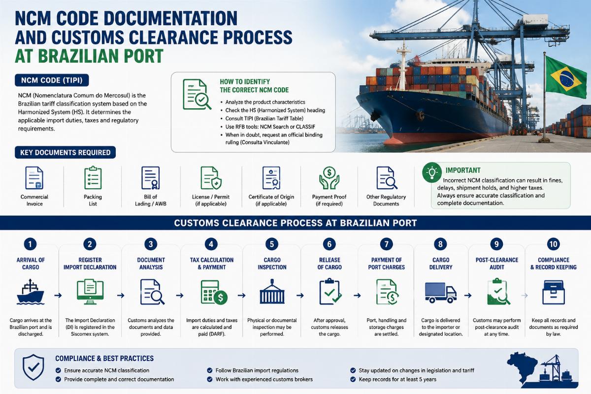 NCM code documentation and customs clearance process at Brazilian port