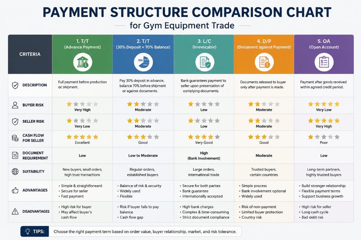 Payment structure comparison chart for gym equipment trade