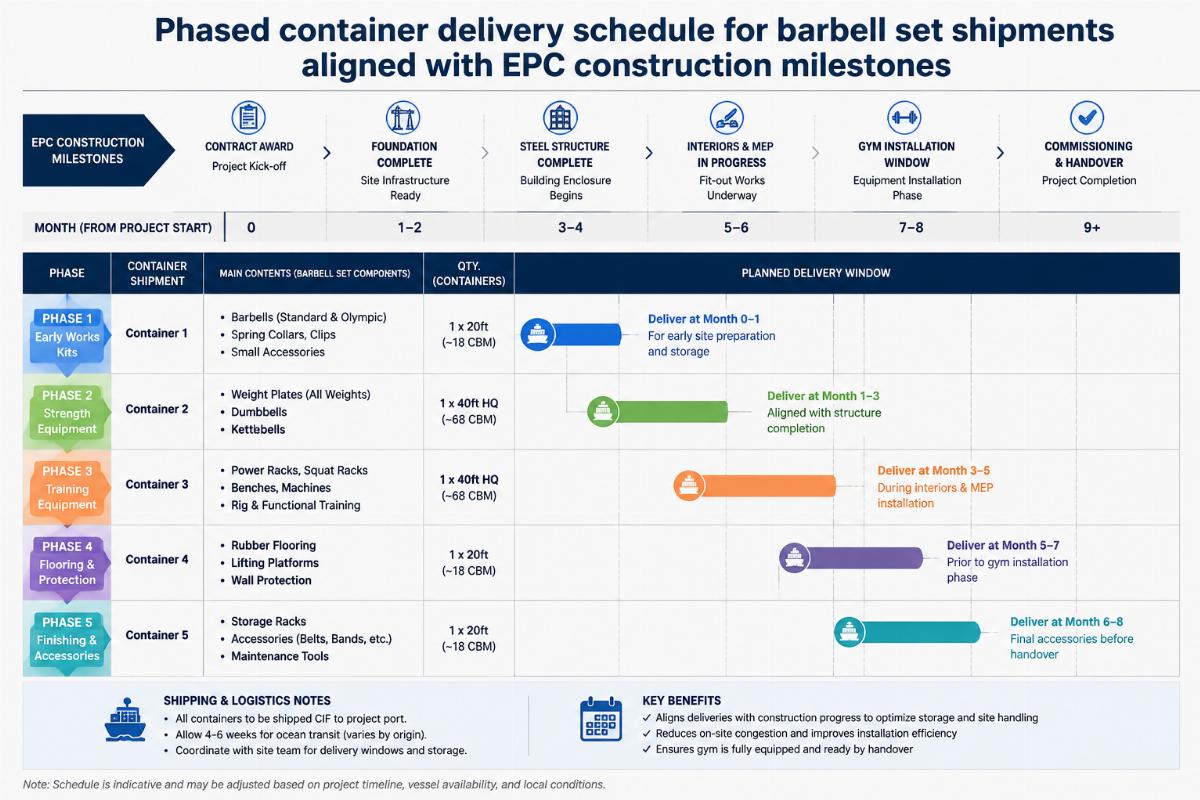 Phased container delivery schedule for barbell set shipments aligned with EPC construction milestones