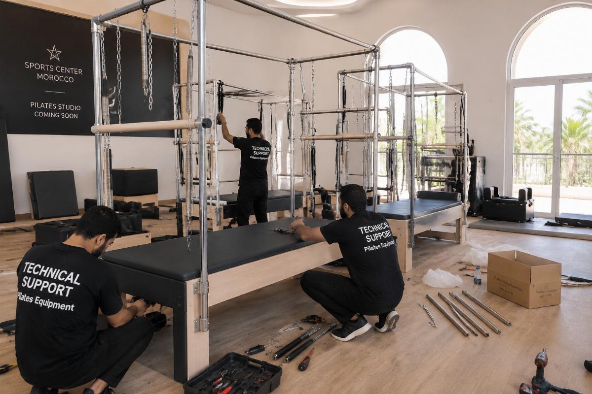 Pilates Cadillac units being assembled at a Moroccan sports center with technical support personnel on site