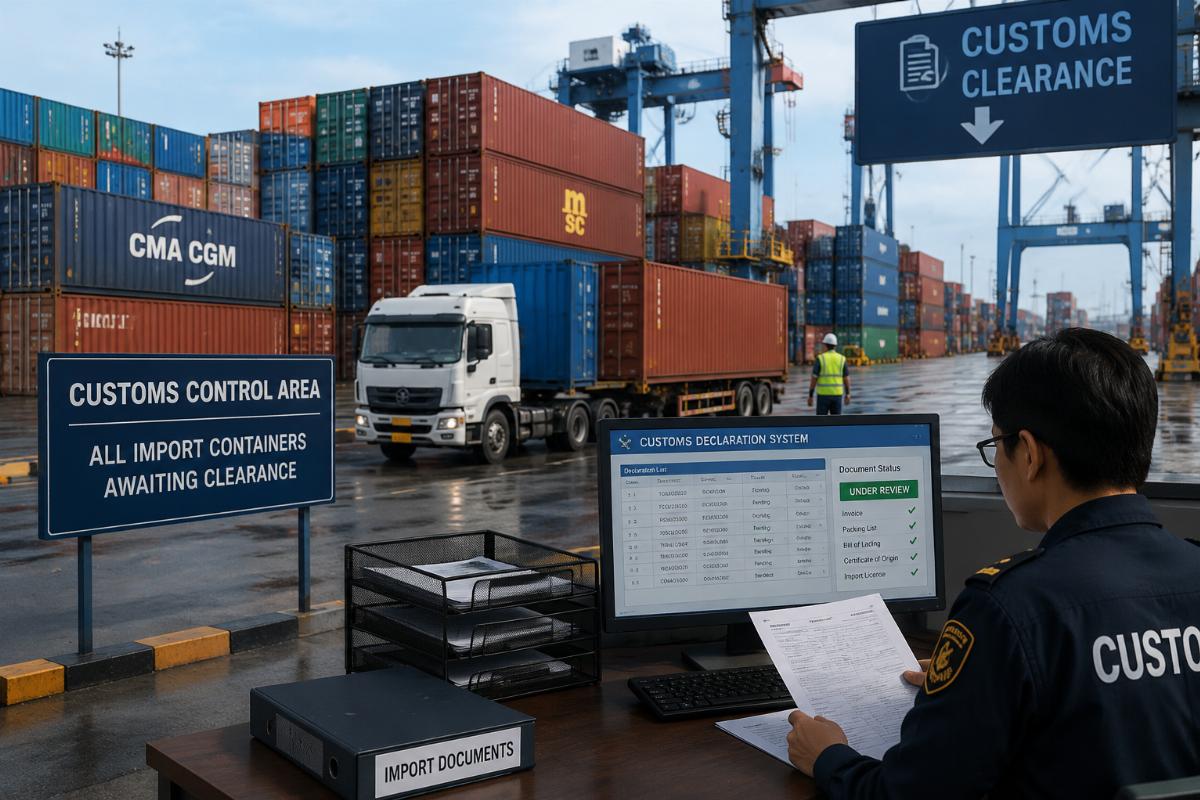 Port terminal showing containers awaiting customs clearance with documentation processing