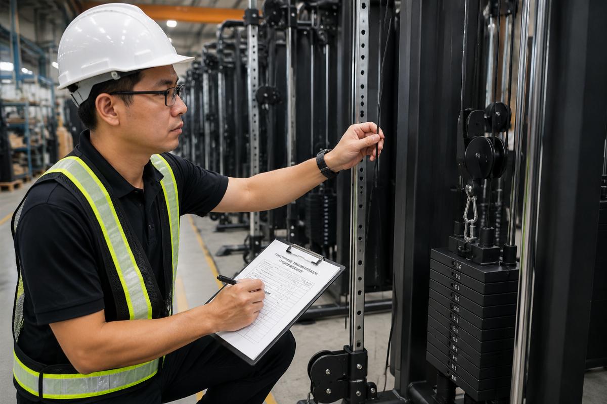 Quality control inspector checking functional trainer cable alignment during mid-production audit