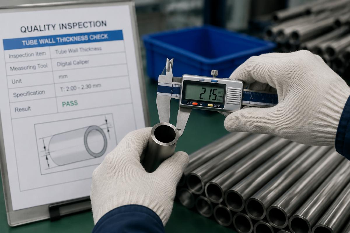 Quality inspection process showing tube wall thickness measurement with calipers