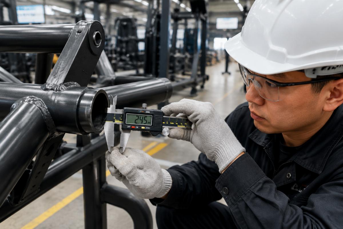 Quality inspector using digital caliper to measure steel tube wall thickness on commercial strength equipment frame