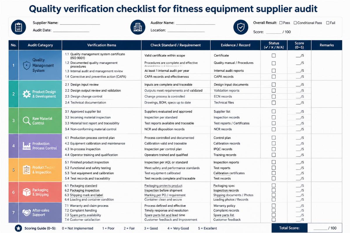 Quality verification checklist for fitness equipment supplier audit