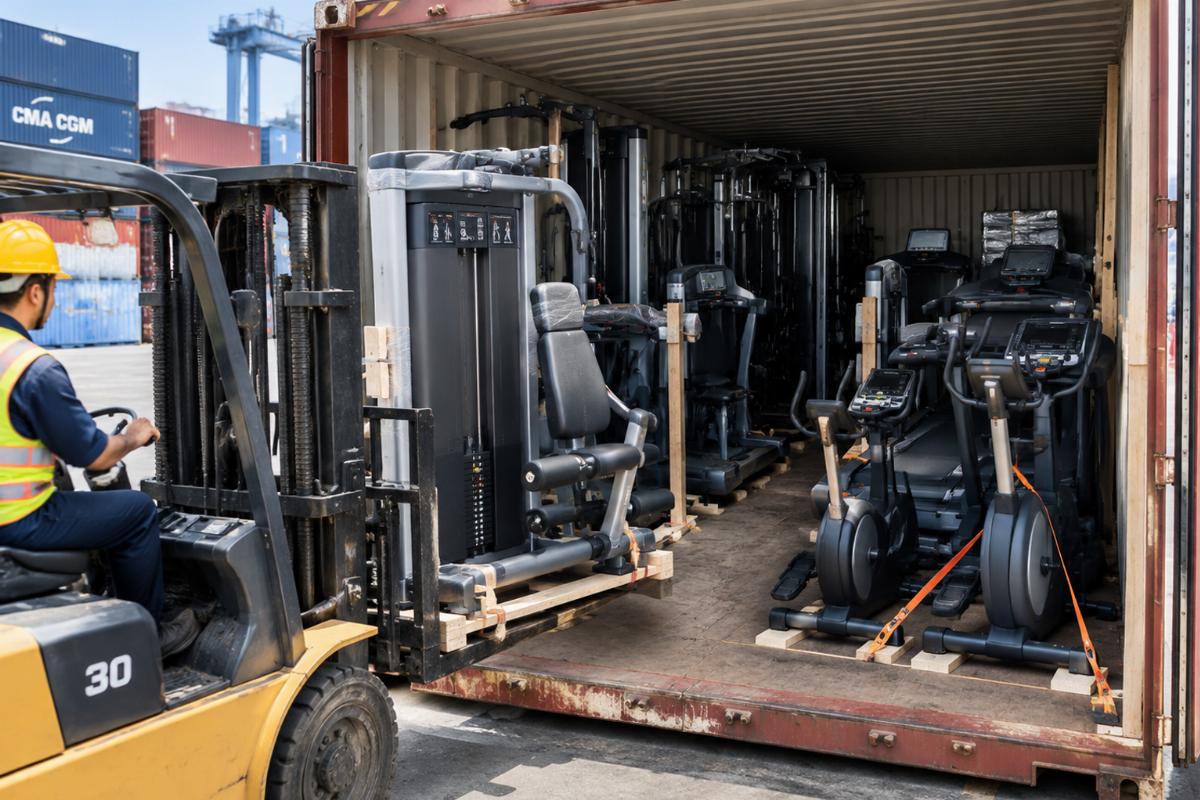 Shipping container being loaded with mixed commercial gym equipment including strength machines and cardio units for export