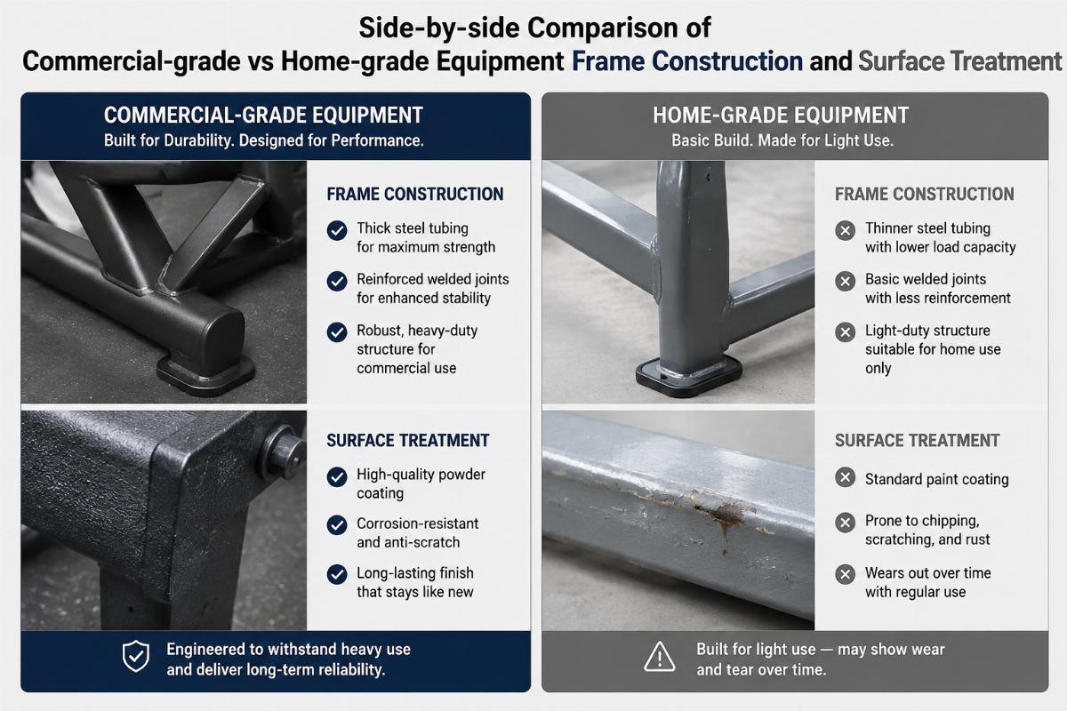 Side-by-side comparison of commercial-grade vs home-grade equipment frame construction and surface treatment