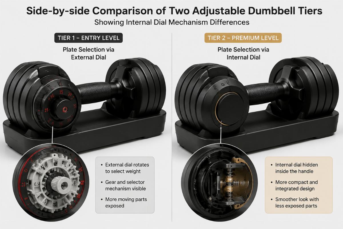 Side-by-side comparison of two adjustable dumbbell tiers showing internal dial mechanism differences