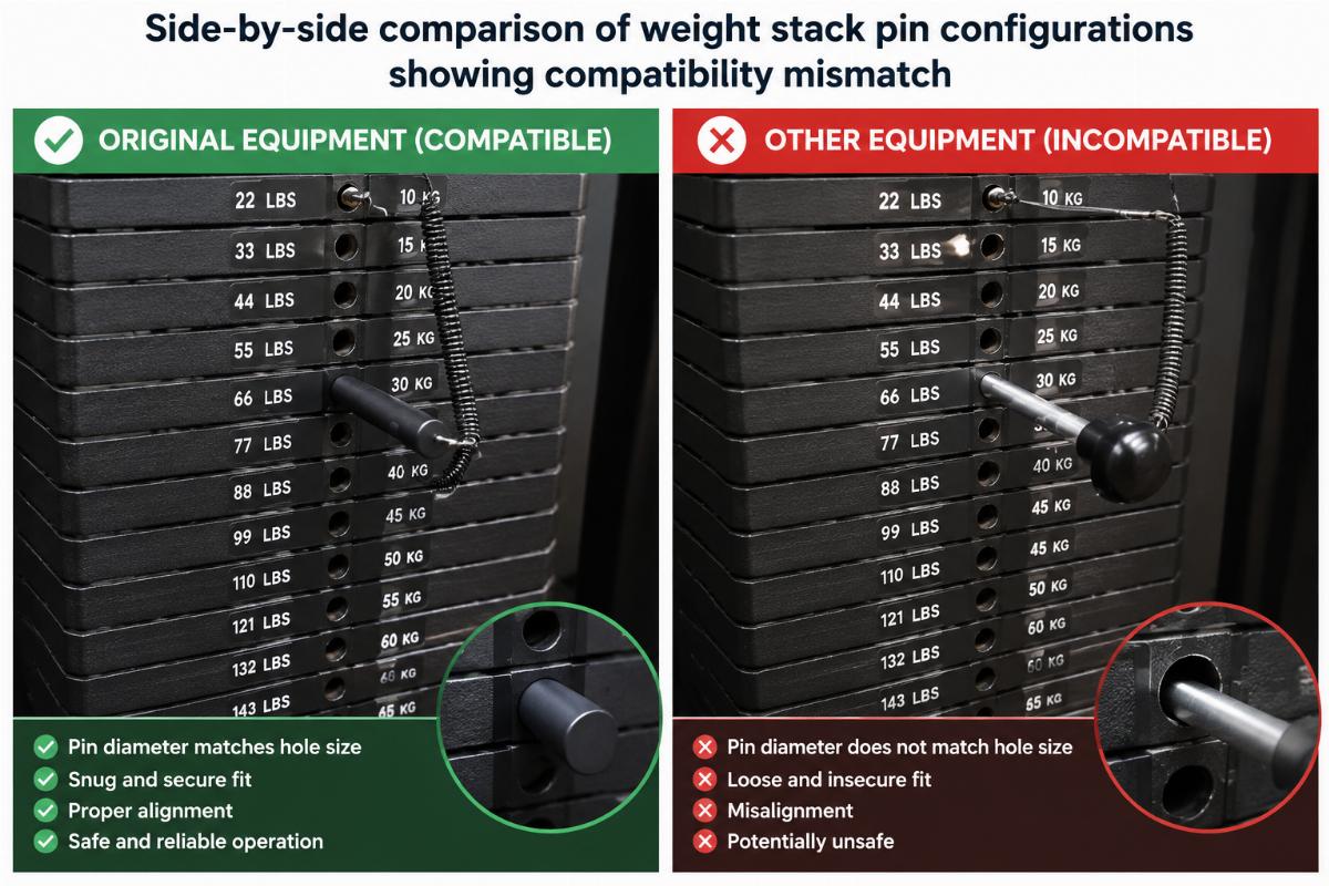 Side-by-side comparison of weight stack pin configurations showing compatibility mismatch