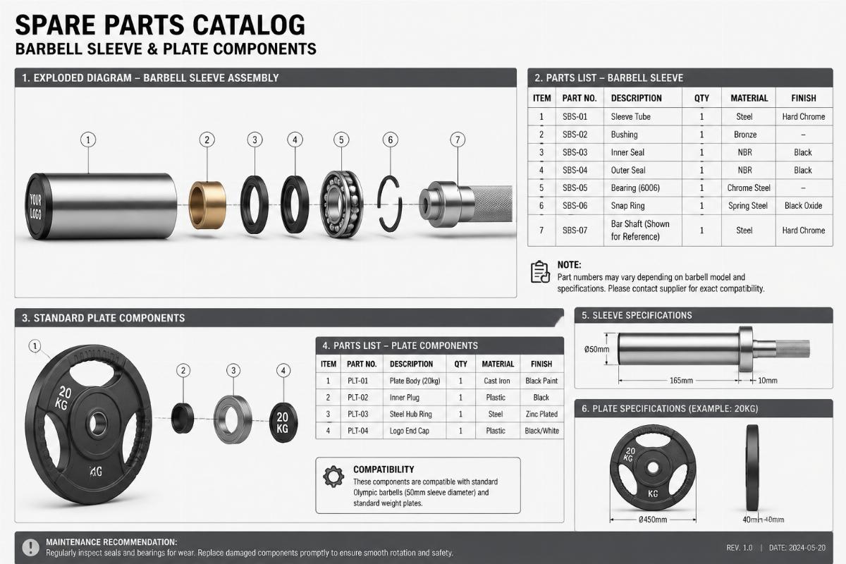 Spare parts catalog and exploded diagram documentation for barbell sleeve and plate components