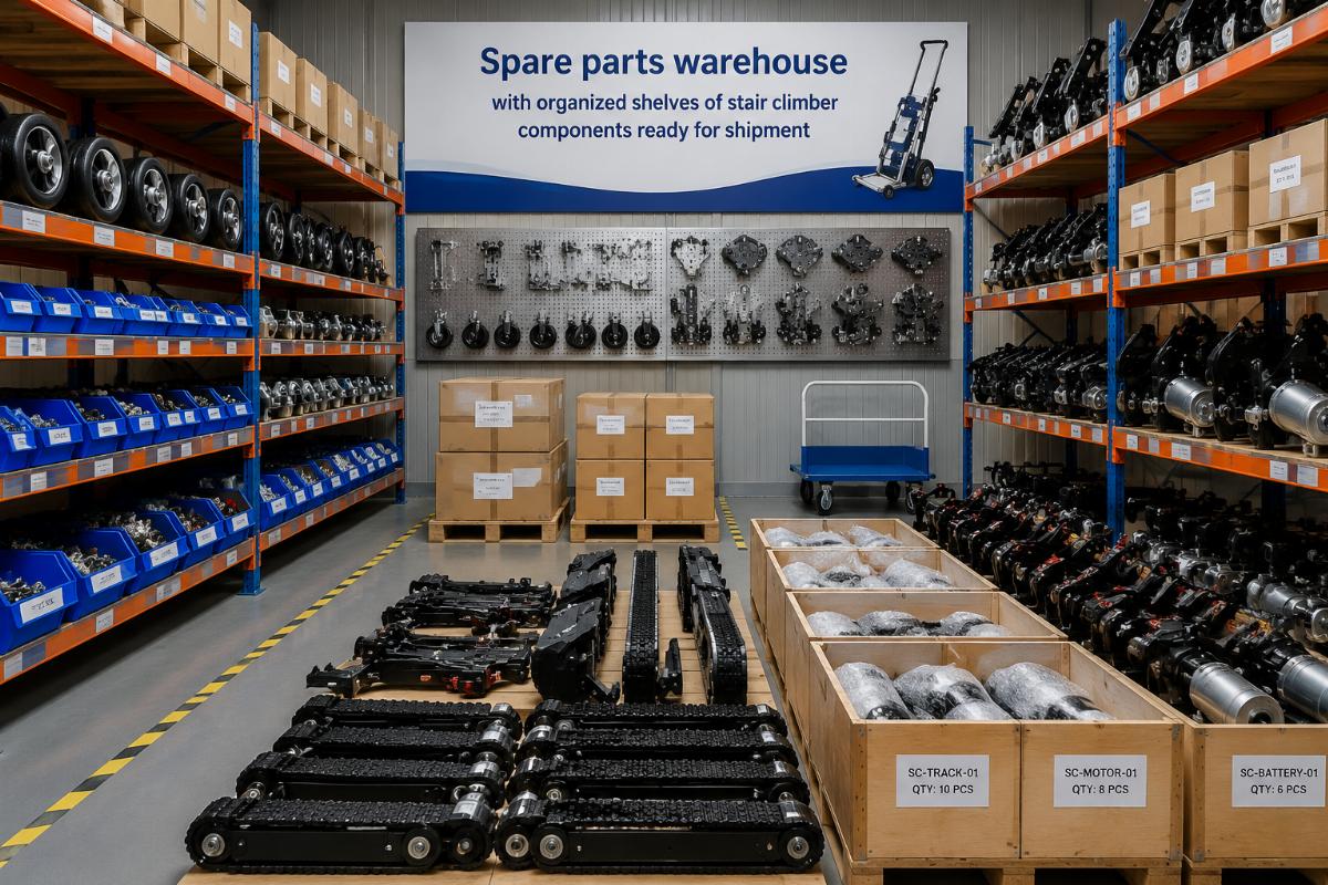Spare parts warehouse with organized shelves of stair climber components ready for shipment