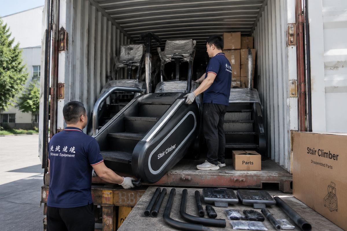 Stair climbers being loaded into a shipping container using a partially disassembled method