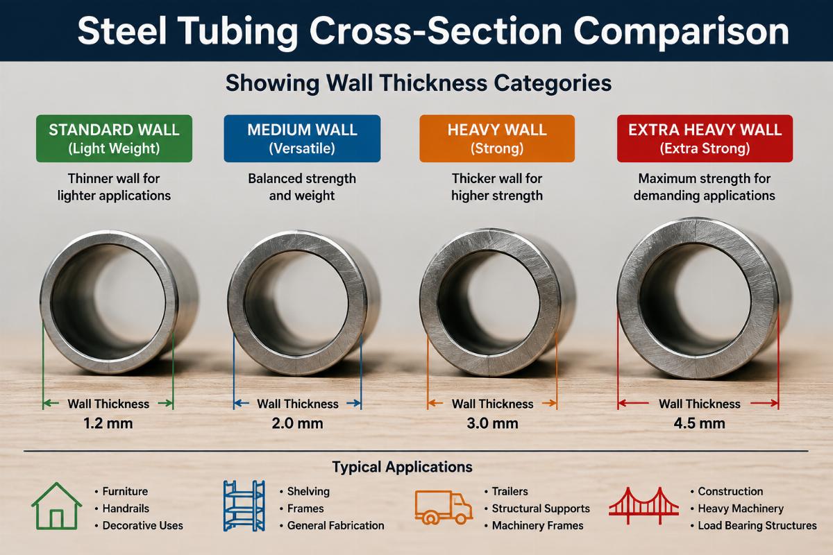 Steel tubing cross-section comparison showing wall thickness categories