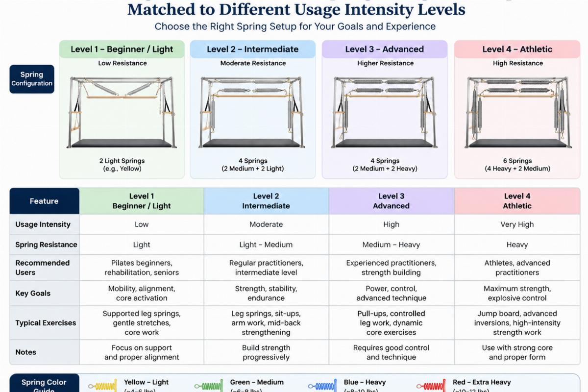 Technical diagram showing Pilates Cadillac spring configuration options matched to different usage intensity levels