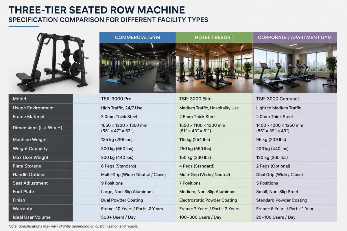 Three-tier seated row machine specification comparison for different facility types