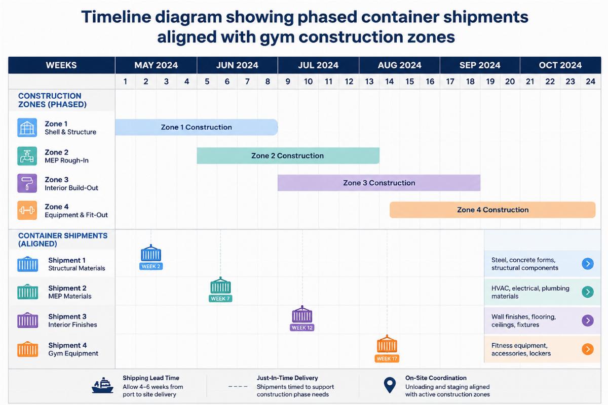 Timeline diagram showing phased container shipments aligned with gym construction zones