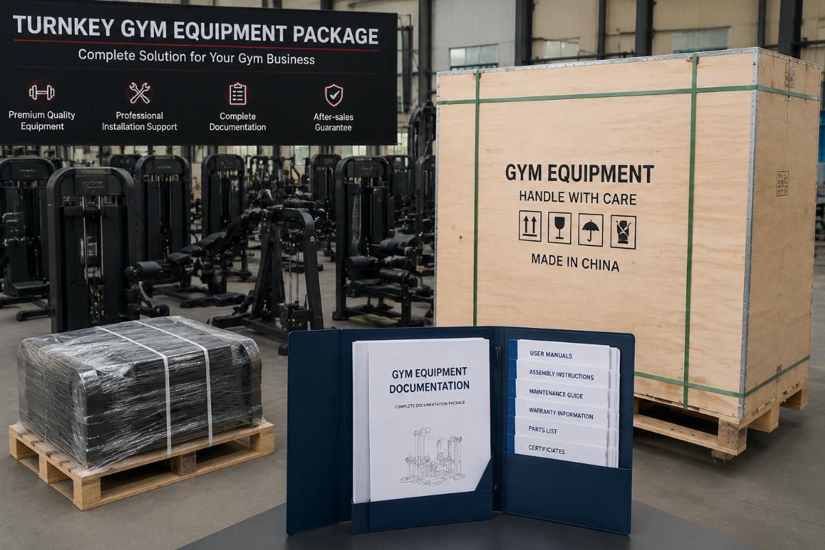 Turnkey gym equipment package with complete documentation folder and tropical packaging visible