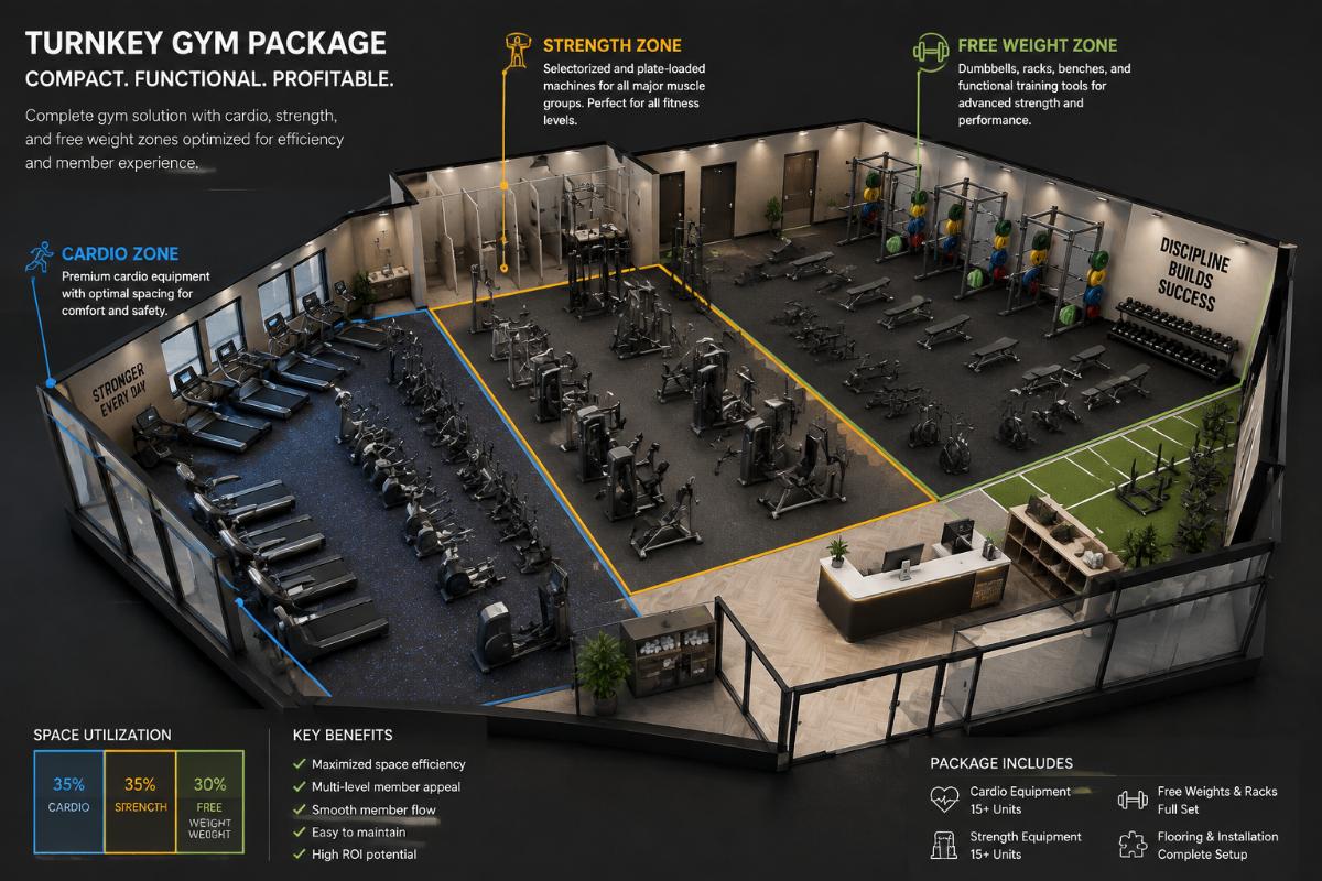 Turnkey gym package layout showing cardio, strength, and free weight zones in a compact commercial space