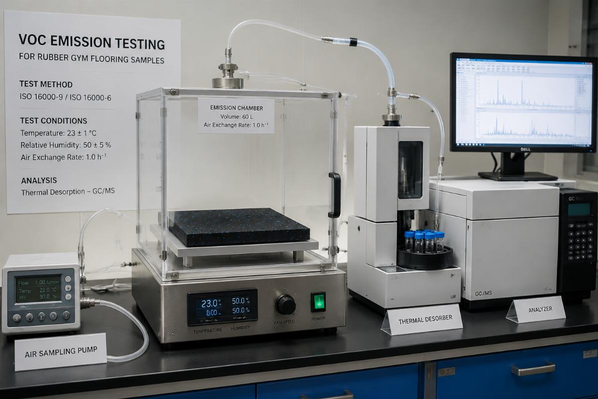 VOC emission testing setup for rubber gym flooring samples